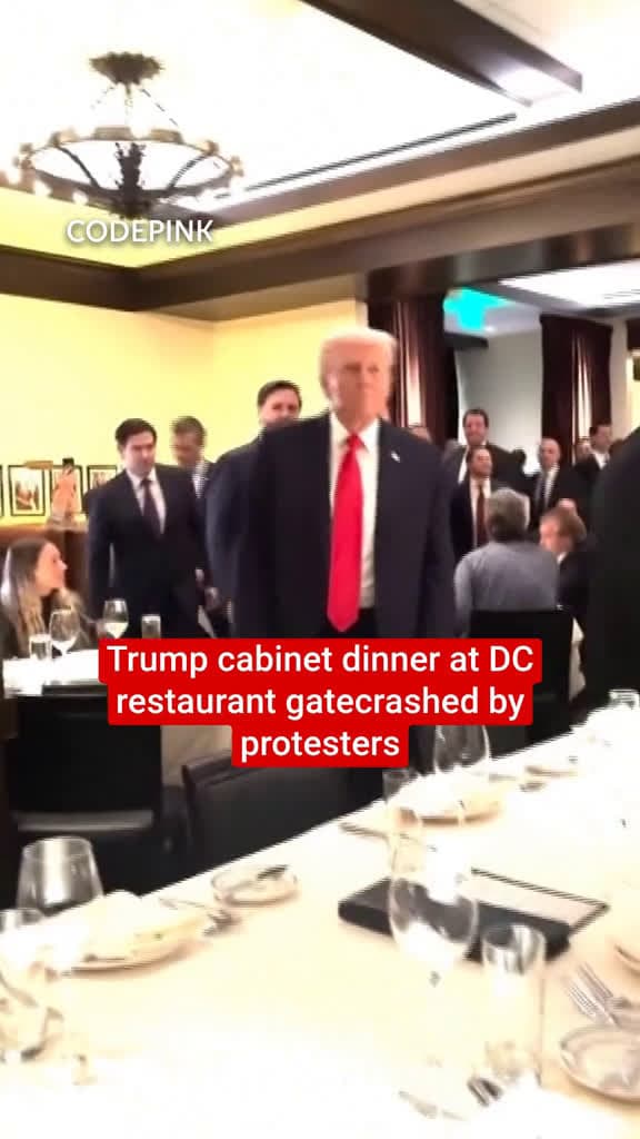 cover for Protesters disrupted Donald Trump and his cabinet as they arrived at a dinner at a local seafood restaurant in Washington, D.C., on Tuesday (9 September). Trump arrived by motorcade at Joe’s Seafood, Prime Steak & Stone Crab, l...