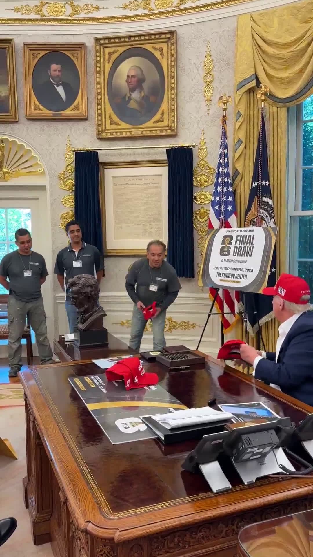 cover for President Trump surprises White House renovation crew with a special thank-you in the Oval Office! 🇺🇸 #WhiteHouse #Trump #Renovation #Gratitude