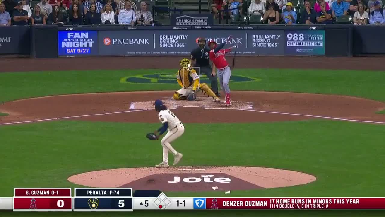cover for Denzer Guzman crushes his 1st MLB homer, 409 ft dead center off Freddy Peralta! ⚾🔥 #MLB #HomeRun #DenzerGuzman #FreddyPeralta #BaseballHighlights