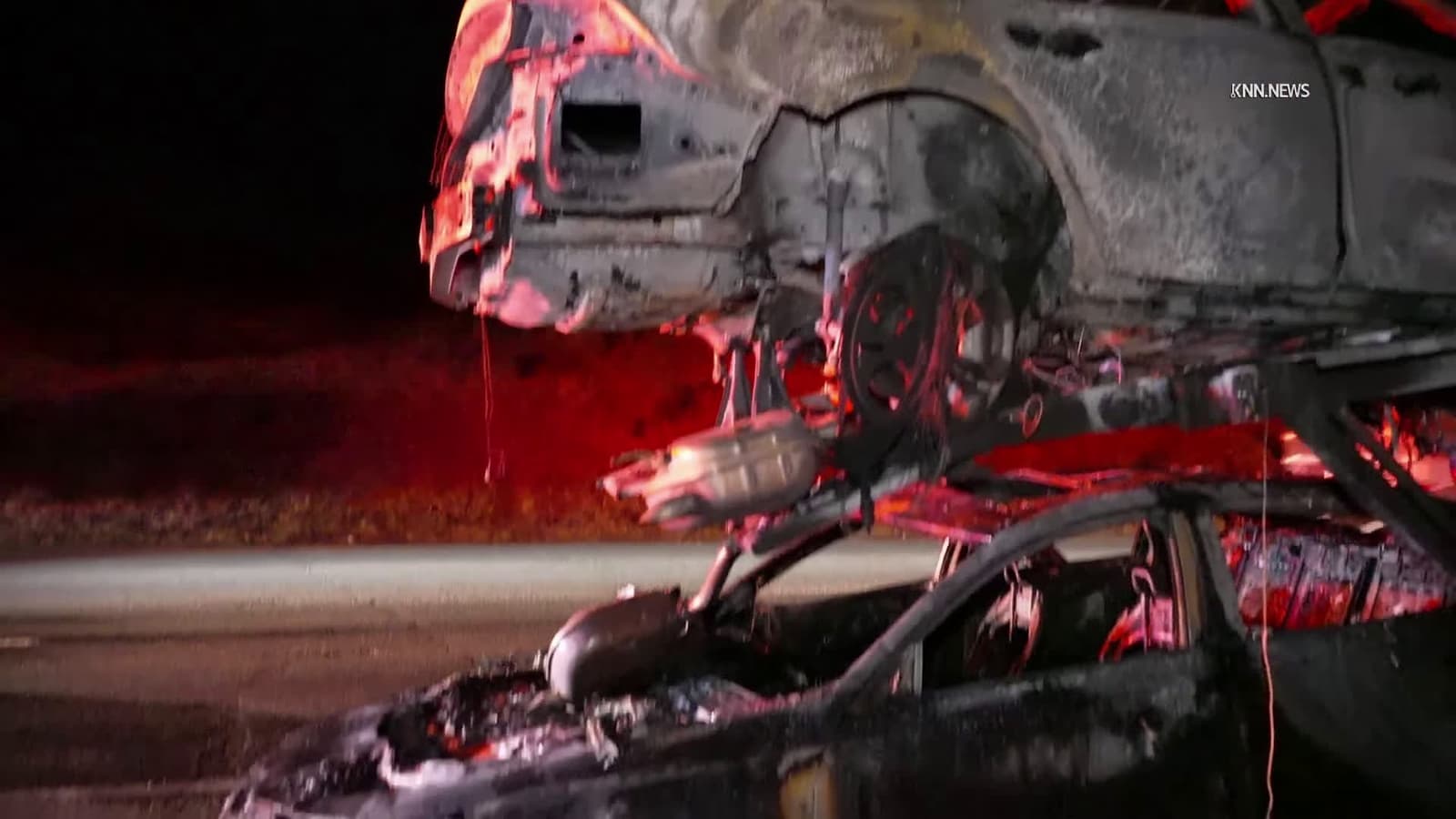 cover for Car Carrier Blaze on 5 Freeway Destroys Brand New Hondas