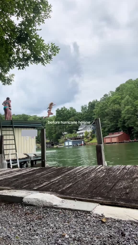 cover for 9 months after Hurricane Helene: water at historic lows, sediment cleared, cleanup still underway after 22 inches of rain in 48 hours. #HurricaneHelene #LakeLure #ChimneyRock #NCflooding #BeforeAndAfter 💧