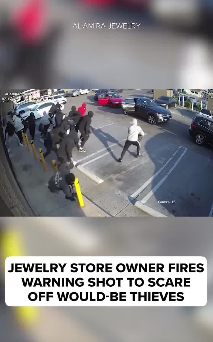 cover for "I have to protect myself and my store."Surveillance video showed a mob of would-be robbers fleeing after the owner of an Anaheim jewelry store fired a warning shot from a handgun. #CaughtOnCamera #OddlySatisfying