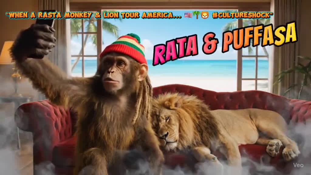 cover for Rata 🇯🇲 the herb-smoking Jamaican monkey and Puffasa 🦁 the chill lion hit the road across America, bringing island vibes, jungle wisdom, and wild reactions to everyday life. All AI-generated with Google Veo 3! 🍃🌴💥 Watch the cra...