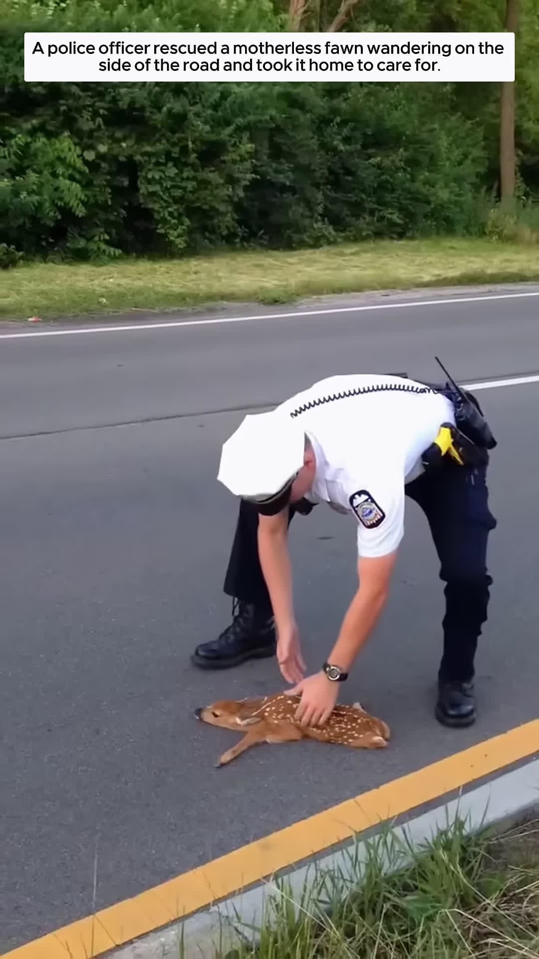 cover for A police officer rescued a motherless fawn wandering on the side of the road and brought it home