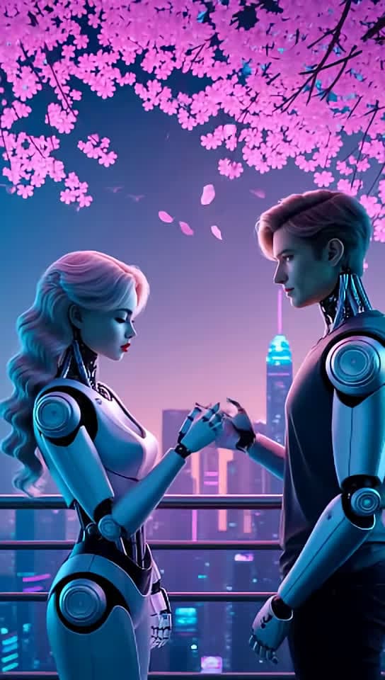 cover for Two robotic lovers beneath spending time together in this holographic city under a cherry blossom. Video generated using-@SeaArt.AIOfficial  #seaart #aiart #aivideo #robots #robot #robotdance #robotchallenge  #cybercity #cyberpunk #futuristic