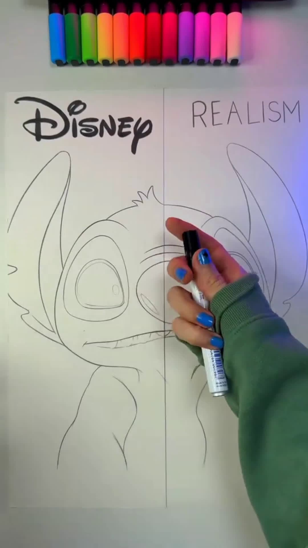 cover for Disney vs. Realism with ✨Stitch✨👀 can you find the hidden emoji? #realism #art #stitch #drawing #lil