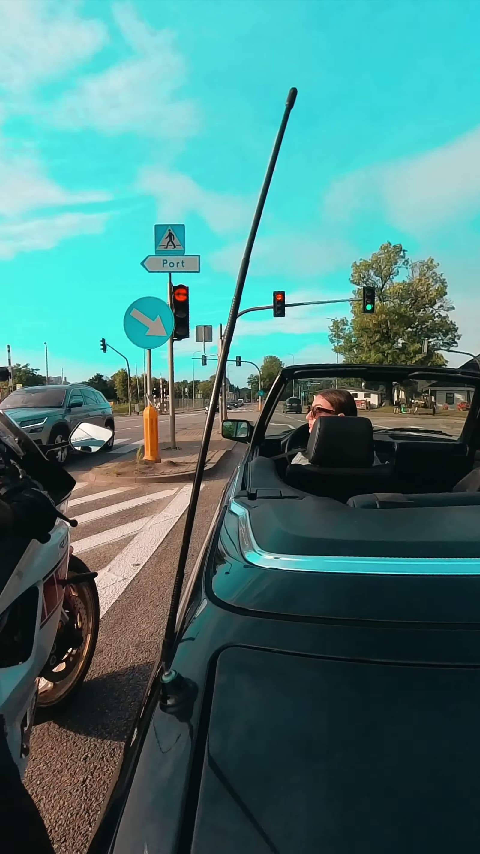 cover for #CaughtOnCamera Motorcycle Rider Play with and Pets French Bulldog at Red Light.