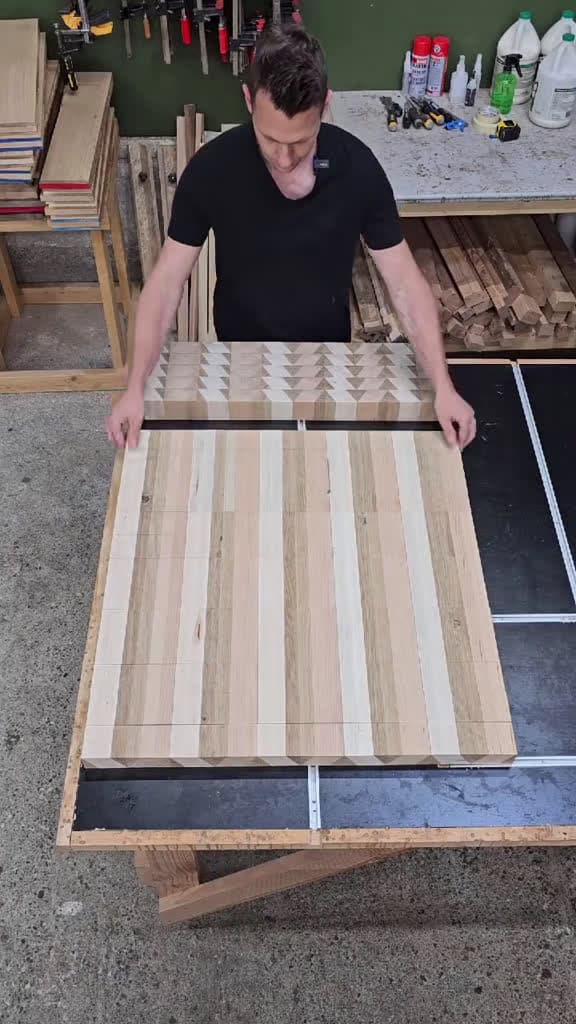 cover for Watch this stunning mega-sized end grain cutting board pattern come to life! 🪵✨ #woodworking #endgraincuttingboard #patternreveal #customwoodwork #woodshoplife