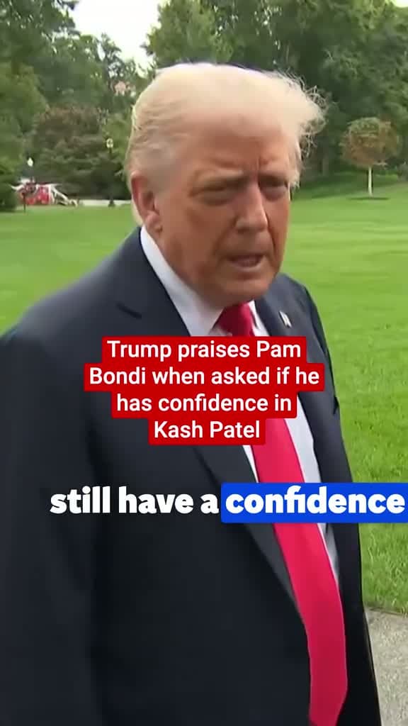 cover for Donald Trump on Tuesday appeared reluctant to directly endorse the performance of embattled FBI Director Kash Patel when speaking to reporters before departing the White House for London. #Trump #PamBondi #KashPatel created by ...