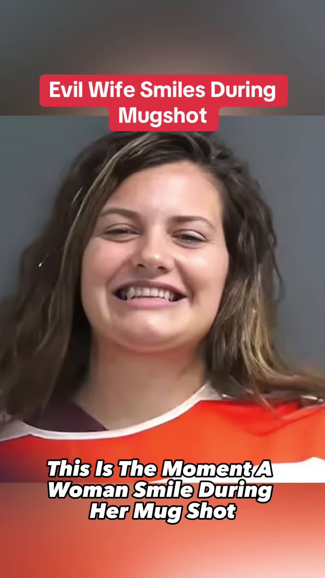 cover for #TrueCrimeStories An evil wife smiles during her mugshot #court #prison