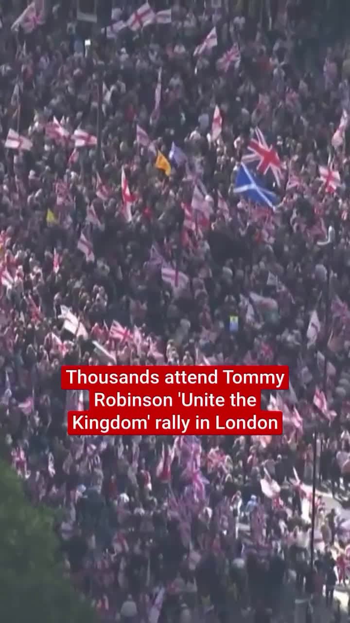cover for Huge crowds have gathered in central London for a march organised by far-right activist Tommy Robinson and anti-racism counter protests on Saturday, September 13