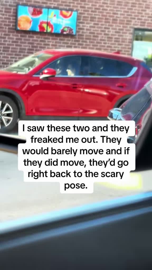 cover for Spooky vibes in the drive-thru 😱 These two sat perfectly still for 10+ minutes, grinning creepy smiles... I know what I saw. #SpookySeason #Halloween2024 #CreepyMoments