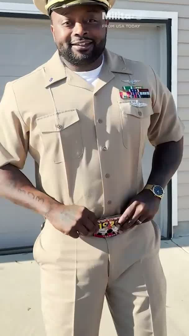 cover for Watch Navy officer dad sneak up behind his pre-teen daughters to surprise them