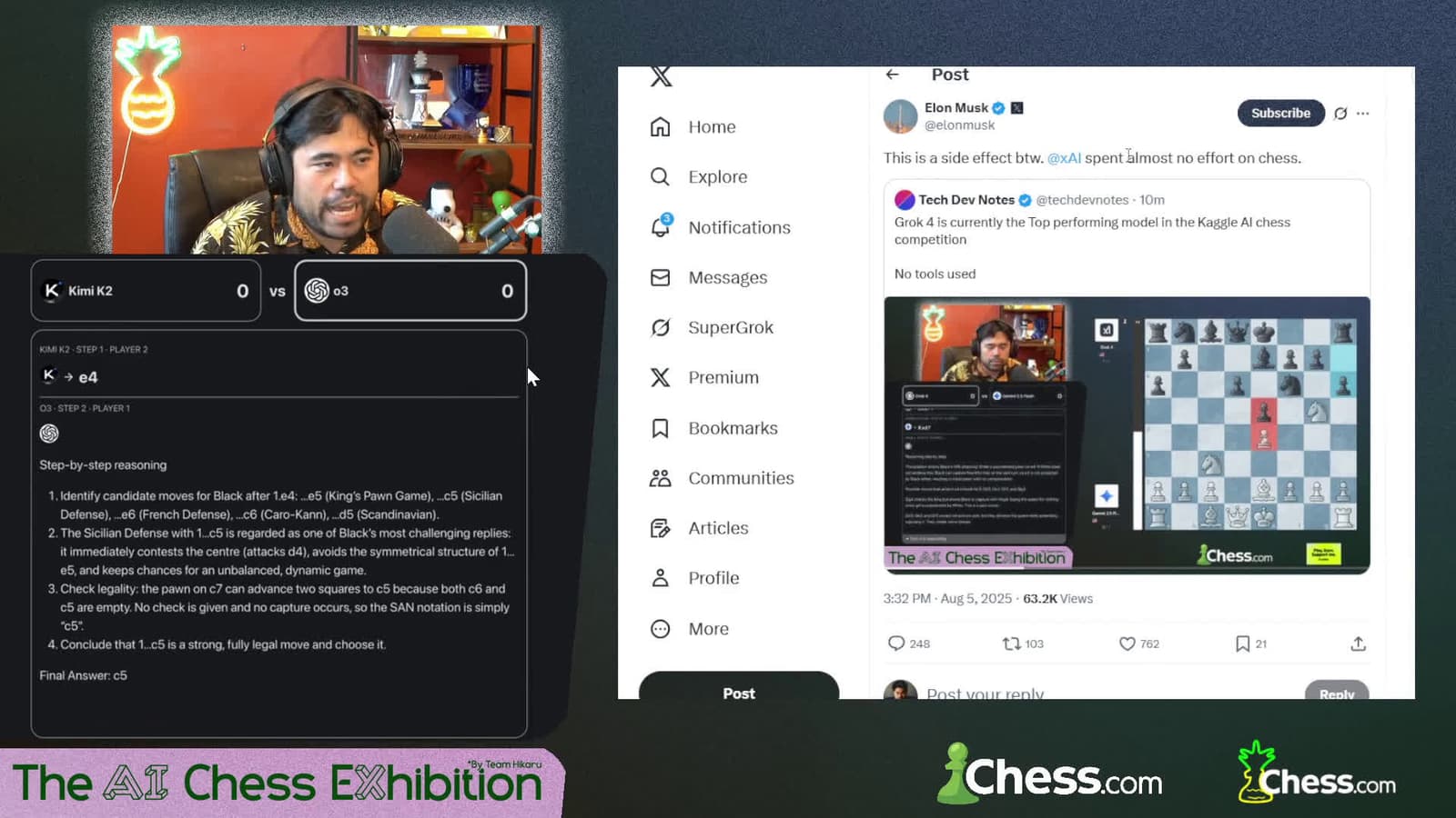 cover for Hikaru reacts to Elon Musk claiming Grok 4 dominates chess #Chess #AI #Hikaru #ElonMusk