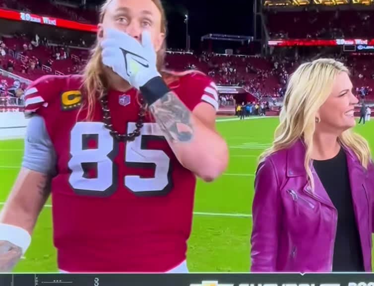cover for George Kittle’s sneaky moves caught! Claire, you married a legend—keep him close! 😂 #49ers #NFL #LevisStadium