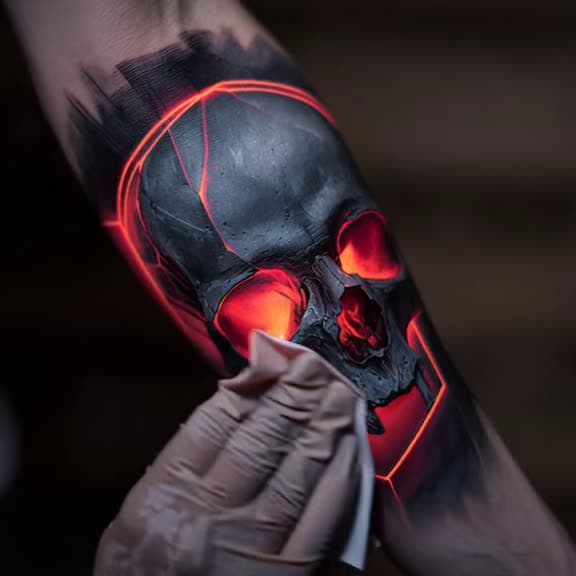 cover for This glowing skull tattoo lights up the night - tag a friend who would love it! 💀✨ #GlowInTheDark #SkullTattoo #FullBackTattoo #InkArt