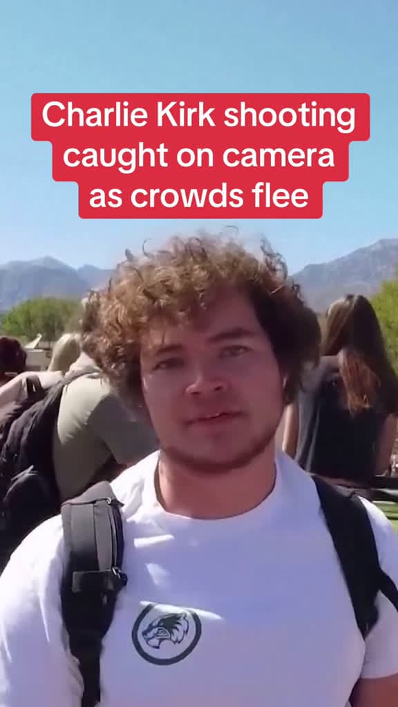 cover for Moment shots are heard at the event where Charlie Kirk was shot dead
