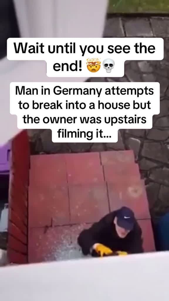 cover for Man in Germany attempts to break into a house but the owner was upstairs filming it... #criminal  #bodycam  #phone  #caughtoncamera  #fyp