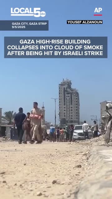 cover for Gaza high-rise building collapses into cloud of smoke after being hit by Israeli strike
