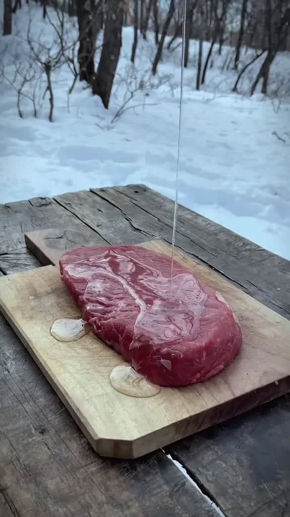 cover for beef steak on a winter camping trip cookingasmr outdoorcooking leon nature asrm 47054 #followMe