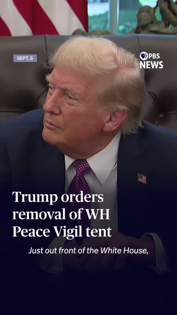 cover for On Friday, President Donald Trump ordered the immediate removal of a peace vigil tent that has stood outside the White House since 1981. Trump was speaking with reporters in the Oval Office after signing an executive order to r...