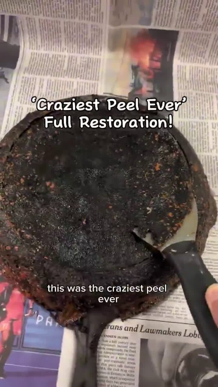 cover for Watch this dude transform gross used skillets into shiny gems! 🔨✨ #RestorationMagic #Satisfying #BeforeAndAfter