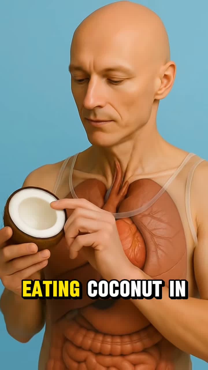 cover for Science in action. What happens while eating coconut in the human body? #humanbody #anatomy #3danimation #sciencetok #aiart #digestivesystem #medicalanimation #healthfacts #foryou #fyp #healthawareness #medical