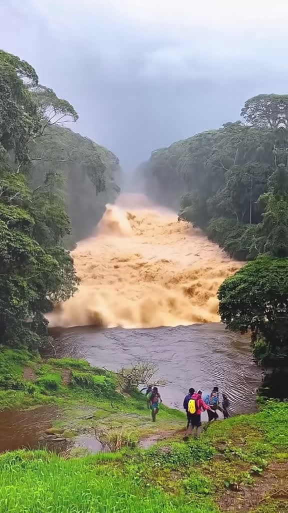 cover for Terrifying moment as group escapes rising floodwaters by climbing to safety 🌊 #FlashFlood #ExtremeWeather #CaughtOnCamera