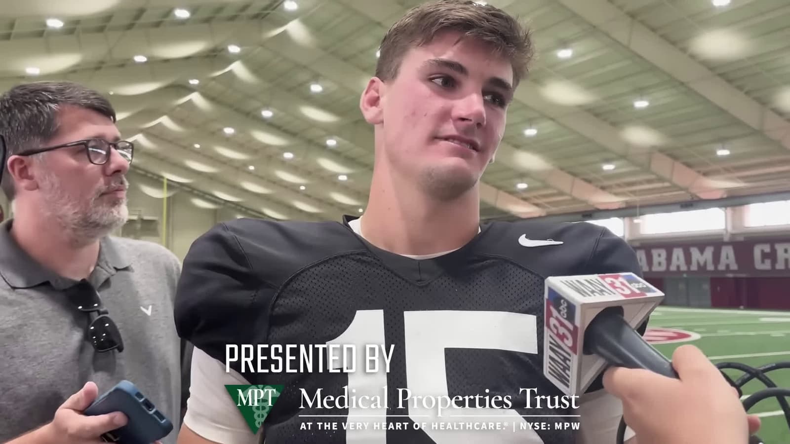cover for Ty Simpson, Alabama's new starting quarterback, speaks with the media