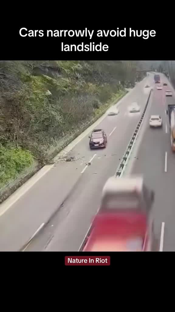 cover for Cars escape disaster by seconds as huge landslide crashes onto road 🚗💨 #landslide #closecall #nature