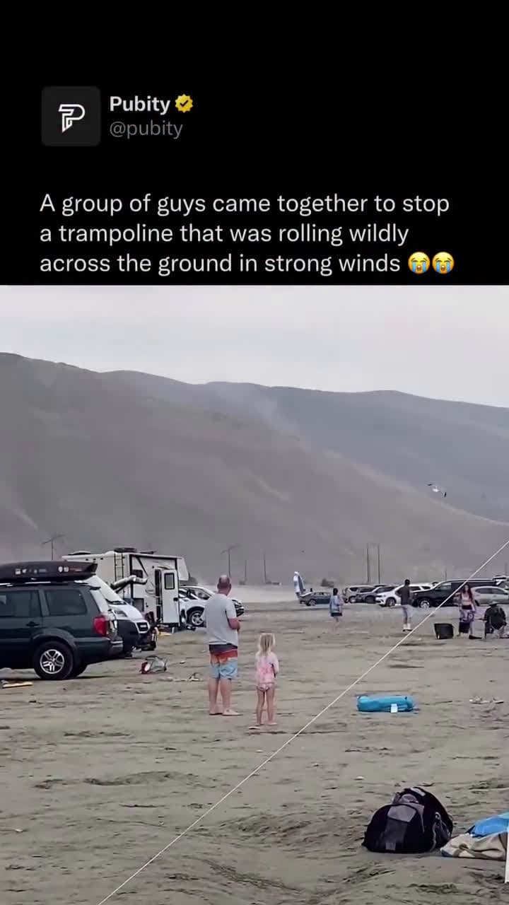 cover for A group of people came together to stop a trampoline that was rolling widely across the ground in strong winds😢😢