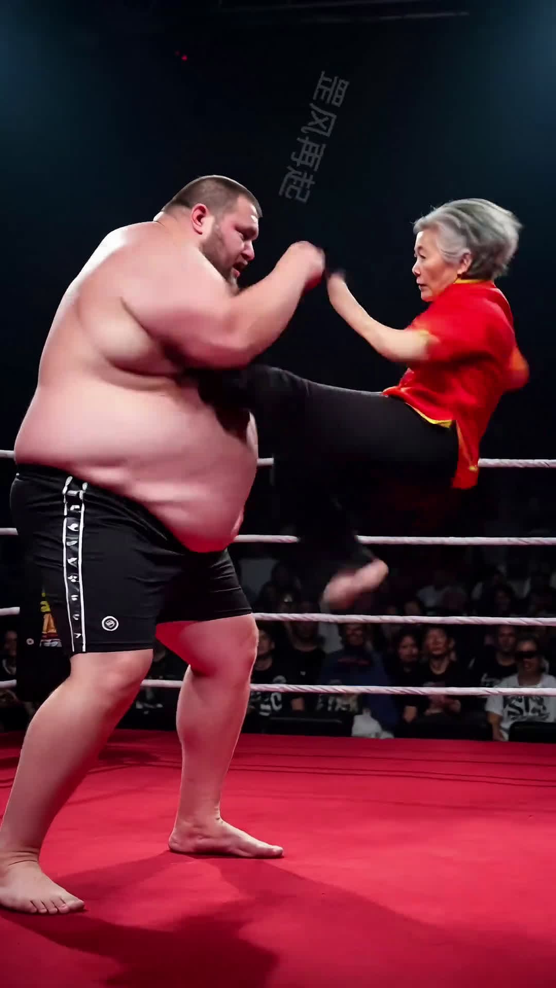 cover for AI-generated: Chinese aunt violently beats Western strong man in the ring, causing the whole audience to cheer! #squaredance #combat #ring #funny #drama
